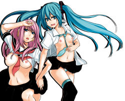 2girls ask02 breasts hatsune_miku highres large_breasts megurine_luka multiple_girls navel necktie nipples open_clothes open_mouth open_shirt panties school_uniform serafuku shirt simple_background skirt smile striped_clothes striped_panties thighhighs twintails underwear vocaloid