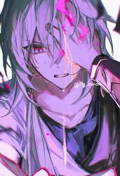 1boy anaxa_(honkai:_star_rail) aqua_hair blue_eyes clenched_teeth collarbone hair_between_eyes hand_on_own_head highres honkai:_star_rail honkai_(series) male_focus medium_hair mg_omom one_eye_covered pink_eyes pink_pupils side_ponytail solo sweat teeth twitter_username upper_body white_background yellow_blood