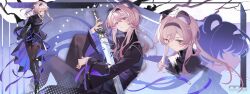 Rule 34 | 1girl, animal ears, ankle boots, arknights, black boots, black dress, black hairband, black pantyhose, boots, breasts, chinese commentary, commentary request, dress, grey hair, hairband, highres, holding, holding sword, holding weapon, ichisaku, knees up, light blush, lin (arknights), long hair, long sidelocks, long sleeves, looking at viewer, looking down, looking to the side, medium breasts, mouse ears, multiple views, pantyhose, pink eyes, sidelocks, standing, standing on one leg, sword, weapon, wide sleeves