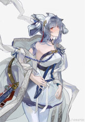 1girl arknights breasts chinese_commentary closed_mouth commentary_request cowboy_shot dress facial_mark forehead_mark grey_hair grey_shawl hair_ornament highres infection_monitor_(arknights) long_hair looking_at_viewer medium_breasts off_shoulder official_alternate_costume pantyhose ptilopsis_(amongst_the_clouds)_(arknights) ptilopsis_(arknights) red_eyes shawl solo standing white_dress white_pantyhose you_zhiqi_de