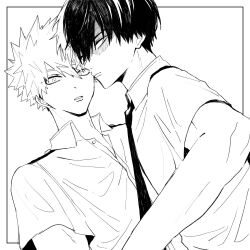 Rule 34 | 2boys, bakugou katsuki, boku no hero academia, burn scar, collared shirt, commentary request, dot nose, greyscale, hair between eyes, highres, looking ahead, looking to the side, monochrome, multicolored hair, multiple boys, necktie, neminemisho, open collar, parted lips, scar, scar on face, school uniform, shirt, short hair, short sleeves, spiked hair, split-color hair, todoroki shoto, u.a. school uniform, upper body, white background