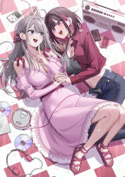 Rule 34 | 2girls, absurdres, bite mark on stomach, black choker, black hairband, black nails, black pants, blue eyes, boombox, breasts, brown hair, cassette player, cassette tape, cd, cd player, cd walkman, chinese commentary, choker, cleavage, commentary request, cross, cross earrings, denim, digital media player, dress, earphones, earrings, grey hair, grey panties, grey tank top, hairband, headphones, hickey, highres, holding hands, interlocked fingers, jacket, jeans, jewelry, jovei, large breasts, long hair, looking at another, multicolored hair, multiple girls, navel, off-shoulder dress, off shoulder, on floor, open mouth, panties, pants, pink dress, pink eyes, pink hair, pink sandals, red jacket, sandals, saotome shino (shino to ren), shared earphones, shino to ren, shirayuki ren, smile, streaked hair, tank top, toes, underwear, yuri