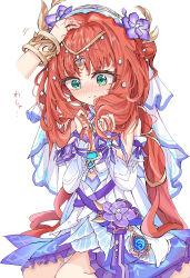 2girls absurdres aqua_eyes bare_shoulders blush bracelet circlet closed_mouth commentary_request detached_sleeves disembodied_hand dress genshin_impact hands_up headpat highres holding holding_own_hair hydro_symbol_(genshin_impact) jewelry kneeling long_hair multiple_girls nahida_(genshin_impact) nilou_(breeze_of_sabaa)_(genshin_impact) nilou_(genshin_impact) nose_blush official_alternate_costume red_hair sleeveless sleeveless_dress smile translation_request very_long_hair vision_(genshin_impact) wata_(watashi_j) white_dress white_sleeves