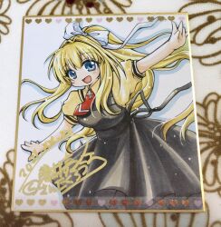 1girl air_(visual_novel) black_dress blonde_hair blue_eyes blush bow breasts commentary_request cowboy_shot dress fujii_ryou high_ponytail kamio_misuzu large_breasts long_hair looking_at_viewer necktie open_mouth outstretched_arms pinafore_dress ponytail puffy_short_sleeves puffy_sleeves red_necktie shikishi shirt short_sleeves simple_background sleeveless sleeveless_dress smile solo spread_arms white_background white_bow yellow_shirt