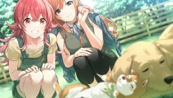 2girls arisugawa_natsuha bandana dog fence game_cg grey_eyes grin highres idolmaster idolmaster_shiny_colors idolmaster_shiny_colors_song_for_prism jacket komiya_kaho multiple_girls official_art orange_hair overalls red_eyes red_hair scarf smile squatting tree