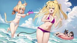 &gt;_&lt; 4girls :d absurdres animal_ear_fluff animal_ears bikini black_bikini black_ribbon blonde_hair cat_ears cat_girl cat_tail cerber_(vtuber) cloud demon_horns demon_tail dog_ears fang glasses hair_ribbon highres horns indie_virtual_youtuber low_twintails minikomew multiple_girls navel ocean open_mouth polka_dot polka_dot_bikini purple_bikini ribbon skin_fang smile standing swim_ring swimsuit tail twintails two_side_up waifuspite water water_gun white_bikini xd