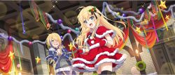 Rule 34 | 2girls, :d, ahoge, armor, belt, black thighhighs, blonde hair, blue coat, blue eyes, blue streaks, blush, braid, brick wall, capelet, christmas, christmas ornaments, claire (konosuba), coat, dress, from below, fur-trimmed capelet, fur-trimmed dress, fur-trimmed gloves, fur trim, game cg, gloves, hair ornament, hair over one eye, highres, holly hair ornament, indoors, iris (konosuba), kono subarashii sekai ni shukufuku wo!, konosuba! fantastic days, long hair, looking at another, looking at viewer, multicolored hair, multiple girls, nose blush, official alternate costume, official art, open mouth, own hands together, pom pom (clothes), red capelet, red dress, red gloves, santa costume, santa dress, short dress, short hair, side braid, sidelocks, skirt hold, smile, sparkle, standing, streaked hair, thighhighs, white belt, zettai ryouiki