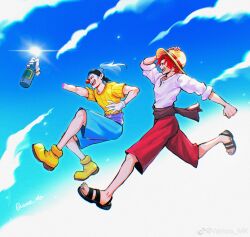 2boys absurdres blue_hair bottle buggy_the_clown cloud full_body gloves highres holding holding_bottle male_focus multiple_boys one_piece open_mouth outdoors red_hair red_shorts sandals shanks_(one_piece) shirt shoes short_sleeves shorts skirt vamos_mk white_gloves white_shirt yellow_shoes yellow_skirt