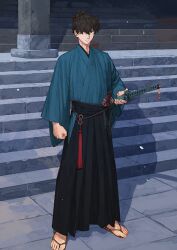 Rule 34 | 1boy, arm at side, black hair, black hakama, blue eyes, blue kimono, clenched hand, closed mouth, expressionless, fate/grand order, fate (series), full body, game cg, hair between eyes, hair over one eye, hakama, hakama skirt, holding, holding sheath, holding sword, holding weapon, japanese clothes, katana, kimono, legs apart, long sleeves, looking at viewer, male focus, miyamoto iori (fate), multiple swords, official art, sandals, sheath, sheathed, short hair, skirt, solo, standing, sword, tassel, third-party source, toes, topknot, wataru rei, weapon, wide sleeves, zouri