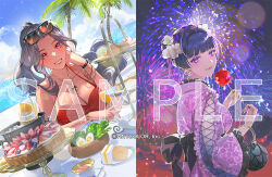 2girls aerial_fireworks arm_rest bag beach bikini black_hair black_sash blueberry blunt_bangs bottle bowl bracelet braid braided_bun breasts cake cake_slice cake_stand candy_apple cleavage cloud copyright_notice cross-laced_clothes cup dark-skinned_female dark_skin day earrings eyeshadow eyewear_on_head fireworks floating_earring floral_print flower food frilled_sleeves frills from_side fruit fruit_tart grin hair_bun hair_flower hair_intakes hair_ornament halterneck handbag hardboiled_egg head_rest holding holding_bag holding_cup holding_food hoop_earrings ice_bucket japanese_clothes jewelry juice kimono large_breasts lens_flare light_particles long_hair long_sleeves looking_at_viewer looking_to_the_side makeup meloco_kyoran mole mole_on_breast mole_under_eye multicolored_hair multiple_girls nail_polish night nijisanji nijisanji_en obi official_art orange_juice orchid palm_tree parted_bangs pendant pink_eyeshadow pink_lips plate ponytail purple_eyes purple_hair purple_kimono purple_nails red_bikini red_eyes red_nails salad sample_watermark sandwich sash scarle_yonaguni scone see-through_clothes see-through_sleeves single_hair_bun smile split_screen strawberry streaked_hair sunglasses swimsuit table tablecloth takashi_(huzakenna) tart_(food) tea teacup tiered_tray tree upper_body virtual_youtuber watermark wavy_hair white_flower wooden_bowl yukata