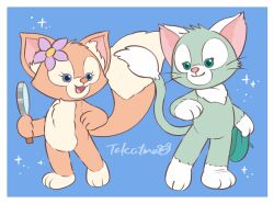 1boy 1girl animal_ears cat_boy cat_ears duffy_and_friends flower fox fox_ears fox_girl fox_tail full_body gelatoni hair_flower hair_ornament highres linabell looking_at_viewer no_humans open_mouth simple_background smile standing tail takatmaorange