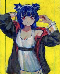 1girl animal_ears armpits arms_up bear_ears bear_girl belt black_belt black_coat blue_hair blunt_bangs blunt_ends blunt_sidelocks breasts buckle chest_belt cleavage coat collarbone collared_coat commentary cowboy_shot dress english_commentary eyebrows_hidden_by_hair go!_go!_gris! gouache_(medium) gris_(go!_go!_gris!) hand_in_own_hair highres light_smile long_eyelashes long_sleeves looking_at_viewer medium_hair open_clothes open_coat original painting_(medium) red_coat red_eyes scan see-through_clothes see-through_skirt see-through_sleeves short_dress sidelocks single_off_shoulder skirt sleeveless sleeveless_dress small_breasts smile snap-fit_buckle solo thick_eyelashes traditional_media two-sided_coat two-sided_fabric underbust vertigris white_dress yellow_background