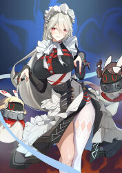 1girl absurdres alexandrina_sebastiane anastella_(zenless_zone_zero) apron asymmetrical_legwear bangboo_(zenless_zone_zero) between_breasts black_dress black_gloves blue_background breasts chest_harness commentary_request dress drusilla_(zenless_zone_zero) fiery_background fire frilled_apron frilled_dress frilled_headwear frills gloves grey_hair grin hair_between_eyes hands_up harness highres juliet_sleeves kneehighs large_breasts long_sleeves looking_at_viewer maid maid_apron maid_headdress mismatched_legwear nail_polish partially_fingerless_gloves puffy_sleeves red_eyes red_nails side_slit single_kneehigh single_leg_pantyhose single_sock smile socks solo standing thighs uneven_legwear white_apron yueyueyue_yao zenless_zone_zero
