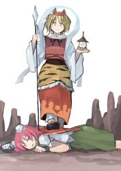 Rule 34 | 2girls, animal print, bandaged hand, bandages, bishamonten&#039;s pagoda, bishamonten&#039;s spear, black shoes, blonde hair, cuffs, dirt, double bun, dress, green skirt, hagoromo, hair bun, ibaraki kasen, ichiba youichi, jitome, long sleeves, medium hair, multiple girls, pink eyes, pink hair, red dress, red shirt, red tabard, rock, shackles, shawl, shirt, shoes, short hair, short sleeves, skirt, smile, stepped on, sweatdrop, tabard, tiger print, toramaru shou, touhou, white background, white shirt, white sleeves, yellow eyes, yellow skirt