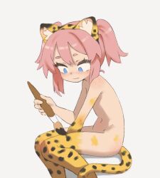 Rule 34 | 1girl, animal ears, arm between legs, blue eyes, blush, bodypaint, closed mouth, fake animal ears, female focus, holding, holding paintbrush, invisible chair, leopard ears, leopard tail, navel, nose blush, nude, original, paintbrush, pink hair, qtkat, short hair, sitting, solo, tail, white background