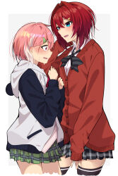 2girls alternate_costume ange_katrina animal_hood blue_eyes blue_sleeves blush border bow bowtie breasts cardigan commentary_request cropped_legs fang flustered green_skirt grey_background grey_bow grey_bowtie grey_skirt hair_between_eyes hair_intakes hair_ornament hairclip hands_up height_difference highres hood hood_down hoodie long_sleeves medium_hair miniskirt multicolored_hair multiple_girls nijisanji open_mouth outside_border panda_hood pink_hair plaid_clothes plaid_skirt pleated_skirt purple_eyes red_cardigan red_hair sasaki_saku sasaki_saku_(1st_costume) shirt shunga_(shun608) simple_background skin_fang skirt sleeves_past_wrists small_breasts streaked_hair striped_bow striped_bowtie striped_clothes sweat thighhighs upturned_nose virtual_youtuber white_border white_hair white_hoodie white_shirt wide-eyed yuri zettai_ryouiki