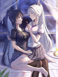 2girls absurdres ahoge alternate_costume black_pantyhose black_sailor_collar black_shirt breasts candy curtains food grey_hair high_ponytail highres holding holding_candy holding_food holding_lollipop homu_(honkai_impact) honkai_(series) honkai_impact_3rd indoors kiana_kaslana kiana_kaslana_(herrscher_of_finality) large_breasts lollipop long_hair looking_at_another medium_breasts multiple_girls on_bed pantyhose parted_lips ponytail purple_hair raiden_mei raiden_mei_(herrscher_of_origin) sailor_collar school_uniform shirt short_sleeves sitting skirt smile thighhighs very_long_hair white_shirt white_thighhighs window ying_ling