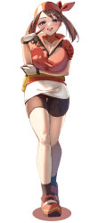 1girl absurdres bandana bike_shorts blue_eyes blush breasts brown_hair commentary_request gloves highres long_hair looking_at_viewer may_(pokemon) momdy_(talesshinja) nintendo open_mouth pokemon pokemon_rse red_bandana red_shirt shirt shorts smile solo