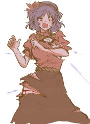 ame_iru blue_hair cuts highres injury medium_hair mirror open_mouth red_eyes red_shirt shirt short_sleeves skirt surprised torn_clothes torn_shirt torn_skirt touhou white_background yasaka_kanako