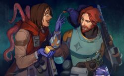 Rule 34 | 1boy, 1girl, absurdres, animal, animal on shoulder, armor, artist name, beard, bird, bird on shoulder, blue eyes, book, brown hair, calculator, coat, crow, cube, dragonroilz, duster, facial hair, glasses, gloves, gun, highres, holding, holding gun, holding weapon, pawn (rimworld), power armor, red hair, rimworld, scar, scar across eye, scar on face, scarf, tentacles, twitter username, vial, weapon