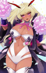 Rule 34 | 1girl, absurdres, blonde hair, blue background, breasts, cheerleader, dark-skinned female, dark skin, female focus, fukuharada n, highres, impossible clothes, impossible leotard, itou ittousai (sengoku bushouki muramasa), jacket, large breasts, legs, leotard, lips, long hair, navel, nipple piercing, nipple rings, open mouth, piercing, pom pom (cheerleading), purple eyes, sengoku bushouki muramasa, shiny skin, skindentation, solo, underboob, whale tail (clothing), white leotard, wide hips