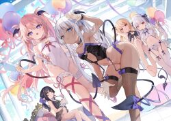 5girls :t armband armpits babydoll balloon barefoot black_babydoll black_hair blonde_hair blue_eyes blunt_bangs boku_wa_chiisana_succubus_no_shimobe bow bra cake cake_slice chloe_lilith_stella chrome_(kedama_milk) commentary_request dark-skinned_female dark_skin demon_girl demon_tail dutch_angle eating fang fishnet_thighhighs fishnets food fork frilled_armband frilled_bra frilled_panties frilled_thigh_strap frills garter_straps gloves green_eyes grey_hair hair_ribbon head_wings heterochromia highres holding holding_balloon holding_fork holding_tray kedama_milk leg_ribbon leotard light_blush loli looking_at_viewer multiple_girls navel original panties pink_hair pink_ribbon pointy_ears pubic_tattoo purple_bow purple_eyes red_eyes revealing_clothes ribbon sakyumama_(kedama_milk) side_slit strawberry_shortcake sutora-chan tail tail_bow tail_ornament tattoo thigh_strap thighhighs tiffany_lilith_stella tray underwear underwear_only white_gloves white_leotard white_thighhighs wings yellow_eyes