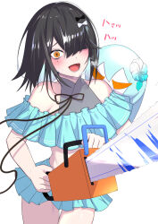 1girl absurdres aqua_bikini aqua_skirt bare_shoulders bikini black_hair blush breasts brown_eyes chainsaw character_doll fate/grand_order fate_(series) hair_over_one_eye highres looking_at_viewer miniskirt mole mole_under_eye natu_zame open_mouth short_hair skirt small_breasts smile solo swimsuit thighs translation_request xu_fu_(fate) xu_fu_(swimsuit_avenger)_(fate) xu_fu_(swimsuit_avenger)_(second_ascension)_(fate) yu_mei-ren_(fate)