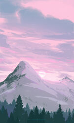 artist_name bird cloud cloudy_sky forest highres huhv. landscape mountain mountainous_horizon nature no_humans original outdoors pine_tree pink_sky scenery sky sun tree