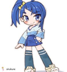 1girl artist_name blue_eyes blue_hair blue_shirt blue_skirt blush bow chibi chibi_only full_body hair_bow hand_on_own_hip hirogaru_sky!_precure looking_at_viewer precure shirt side_ponytail simple_background sirukure skirt smile solo sora_harewataru standing two-tone_shirt white_background white_shirt yellow_bow