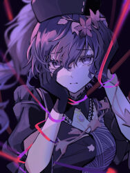 Rule 34 | 1girl, asahina mafuyu, black background, black dress, black gloves, breasts, cleavage, commentary, detached collar, dress, eyelashes, flower, gloves, hair between eyes, hair flower, hair ornament, hand on own face, hands up, hat, high ponytail, highres, jewelry, long hair, looking at viewer, maigo no te wo hiku sono saki wa (project sekai), necklace, official alternate costume, ponytail, project sekai, purple eyes, purple hair, shirogasukinan, short sleeves, simple background, solo, thread, upper body