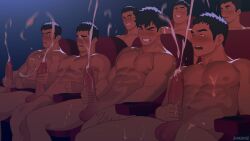 Rule 34 | 6+boys, cum, cum on body, everyone, gooning, group masturbation, group sex, handjob, looking at another, looking at penis, looking up, male focus, masturbating while watching, masturbation, movie theater, multiple boys, no pants, non-web source, orgy, public indecency, public masturbation, sitting, watching, zhadoiz