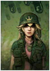 1girl amulet bags_under_eyes ben_newman bomb border bullet_bill character_name dress earrings explosive expressionless female_focus flak_jacket gradient_background hair_between_eyes helmet jacket jewelry lips mario_(series) nintendo nose pink_dress princess_peach realistic soldier solo two-thousand-yard_stare upper_body war