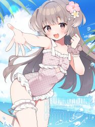 Rule 34 | 1girl, :3, :d, beach, blush, bracelet, brown eyes, cloud, commentary request, cowboy shot, day, flat chest, flower, frilled one-piece swimsuit, frilled thigh strap, frills, grey hair, hair flower, hair ornament, highres, indie virtual youtuber, jewelry, long hair, looking at viewer, nyasunyadoora, ocean, one-piece swimsuit, open mouth, outdoors, outstretched arm, pink one-piece swimsuit, scrunchie, smile, solo, swimsuit, thigh strap, uta wan, virtual youtuber, watermark, wrist scrunchie