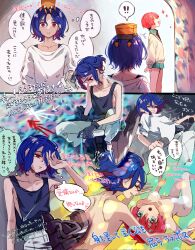 1boy 1girl amate_yuzuriha aqua_eyes aqua_shirt aqua_skirt blue_hair blush breasts closed_eyes closed_mouth collared_shirt colored_inner_hair couple gloves gundam gundam_gquuuuuux hetero highres holding holding_spray_can long_sleeves multicolored_hair necktie nude open_mouth osamu_(uko_oku) red_eyes red_hair school_uniform shirt short_hair shuji_ito skirt smile speech_bubble sweater tank_top translation_request two-tone_hair white_shirt zeknova