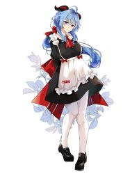 1girl ahoge alternate_costume apron arms_behind_back black_shoes blue_hair blush bow flower full_body ganyu_(genshin_impact) genshin_impact horns kfc long_hair looking_at_viewer low_ponytail noelle_(genshin_impact) noelle_(kfc)_(genshin_impact) ponytail purple_eyes red_bow red_ribbon ribbon shoes sidelocks smile solo waist_apron white_legwear yanti