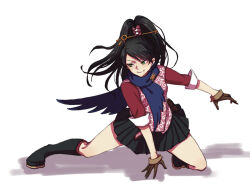 1girl ace_attorney ace_attorney_investigations black_boots black_hair black_skirt boots brown_gloves gloves green_eyes highres kay_faraday long_hair moon_white pink_vest ponytail skirt solo solo_focus vest white_background