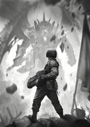 Rule 34 | 2boys, angron, armor, astra militarum, axe, banner, canteen, chain, chain axe, demon wings, faceoff, greyscale, hair tubes, helmet, holding, holding axe, holding weapon, lasgun, mikhail savier, monochrome, multiple boys, ollanius piers, pauldrons, primarch, sandbag, sharp teeth, shoulder armor, spiked armor, spiked pauldrons, teeth, tube, warhammer 40k, weapon, wings