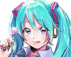 1girl akabino blue_eyes blue_nails candy close-up collared_shirt food hair_between_eyes hair_ornament hatsune_miku highres holding holding_candy holding_food holding_lollipop light_smile lollipop looking_at_viewer shirt sidelocks simple_background solo tongue tongue_out twintails vocaloid white_background white_shirt