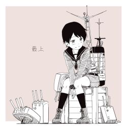 1girl blush boots character_name commentary_request greyscale_with_colored_background highres kantai_collection kawashina_(momen_silicon) kneehighs long_sleeves mogami_(kancolle) monochrome neckerchief rigging sailor_collar school_uniform serafuku short_hair shorts simple_background sitting socks solo