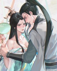 1boy 1girl armpit_crease aubergrin bare_shoulders bindi black_hair braid breasts chinese_clothes chinese_hairpin cleavage closed_mouth collarbone commentary curtained_hair english_commentary facial_mark fingernails forehead_mark furrowed_brow genderswap genderswap_(mtf) green_eyes hair_bun hand_fan hand_on_another&#039;s_wrist hands_up hanfu high_ponytail highres holding holding_fan large_breasts liu_qingge long_hair long_sidelocks long_sleeves looking_at_another looking_at_breasts mole mole_under_eye parted_bangs ponytail renzha_fanpai_zijiu_xitong shen_qingqiu side_braid sidelocks single_hair_bun sweatdrop tuanshan twitter_username upper_body vambraces white_hanfu xiao_guan_(headdress)