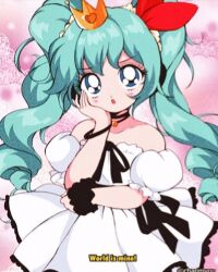 Rule 34 | 1990s (style), 1girl, aqua hair, artist name, bad id, bad twitter id, bare shoulders, bell, bishoujo senshi sailor moon, black choker, black ribbon, black scrunchie, blue eyes, bow, bracelet, choker, collarbone, commentary, cowboy shot, crown, detached sleeves, dot nose, dress, drill hair, english commentary, english text, eyelashes, fake screenshot, faux retro artstyle, film grain, frilled dress, frilled sleeves, frills, furrowed brow, gold crown, hair bow, hair ornament, hair scrunchie, hand on own cheek, hand on own elbow, hand on own face, hatsune miku, headphones, heart, heart print, honeymoonpetal, jewelry, lace, lace-trimmed dress, lace background, lace trim, light blush, light particles, long hair, looking at viewer, mini crown, neck bell, open mouth, parody, pink background, pleated dress, puffy short sleeves, puffy sleeves, red bow, retro artstyle, ribbon, scrunchie, short dress, short sleeves, solo, standing, strapless, strapless dress, style parody, tareme, twin drills, twintails, very long hair, vocaloid, watermark, wavy hair, white dress, white scrunchie, white sleeves, world is mine (vocaloid), wrist scrunchie
