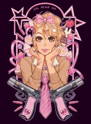 1girl aegyo_sal bead_necklace beads blonde_hair bow brown_cardigan brown_eyes bullet cardigan chiikawa commentary cute_weapon english_commentary food gun gyaru gyaru_makeup hachiware_(chiikawa) hair_bow heart hello_kitty hello_kitty_(character) highres jewelry kogal long_sleeves looking_at_viewer makeup mametchi molu_(sodasnaps) necklace original pink_bow pink_lips sanrio short_hair smile solo sweets tamagotchi tamagotchi_(virtual_pet) tamagotchi_connection updo upper_body weapon