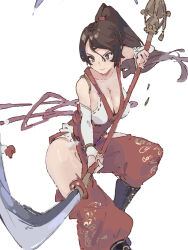 Rule 34 | 1girl, bare shoulders, black hair, breasts, brown eyes, cleavage, high ponytail, highres, large breasts, long hair, looking at viewer, momiji (ninja gaiden), naginata, ninja, ninja gaiden, ooiwa (irc14786149), polearm, ponytail, solo, spear, weapon