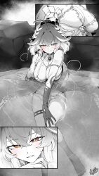 1girl absurdres ahoge armlet bare_legs barefoot blush bow braid breasts changli_(wuthering_waves) closed_mouth collarbone commentary_request dated dress feet greyscale hair_bow hair_extensions hand_on_own_knee head_wreath highres jewelry large_breasts legs looking_at_viewer mole mole_on_breast monochrome official_alternate_costume onsen orange_eyes partially_submerged ring_hair_extensions signature smile solo spot_color starblame thighlet toes wuthering_waves
