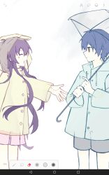 1boy 1girl blue_hair brown_eyes date_a_live itsuka_shido n.(pl) purple_eyes purple_hair raincoat umbrella yatogami_tohka