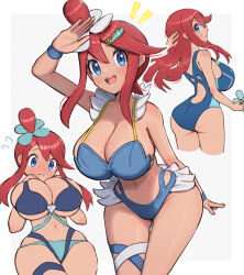 1girl absurdres alternate_costume ass bare_shoulders bikini blue_bikini blue_eyes blue_one-piece_swimsuit blush breasts cleavage closed_mouth gonzarez hair_ornament highres large_breasts long_hair looking_at_viewer midriff navel nintendo one-piece_swimsuit one_side_up open_mouth pokemon pokemon_bw red_hair short_hair_with_long_locks skyla_(pokemon) smile solo stomach swimsuit