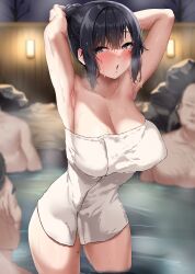 1girl 3boys absurdres armpits blue_eyes blush breasts cleavage collarbone exhibitionism highres jack_dempa large_breasts mixed-sex_bathing miyamae_shiho_(jack_dempa) mole mole_on_thigh mole_under_eye multiple_boys multiple_moles naked_towel night onsen open_mouth original outdoors partially_submerged presenting_armpit public_indecency shared_bathing solo_focus steam sweat towel water wet