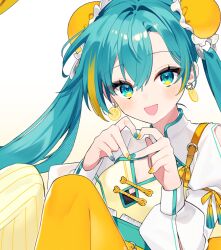1girl :d asymmetrical_legwear blue_hair blue_nails blush bun_cover commentary_request double-parted_bangs double_bun earrings feet_out_of_frame food-themed_earrings food_themed_earrings four-finger_heart_hands hair_bun hands_up hatsune_miku heart heart_hands jewelry knees_up lemon_earrings long_hair long_sleeves looking_at_viewer mismatched_legwear multicolored_nails nail_polish open_mouth pantyhose ribbon shirt sitting smile solo striped_clothes striped_pantyhose twintails tyazakura_sayu vocaloid white_background white_shirt yellow_nails yellow_pantyhose yellow_ribbon