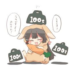 1girl animal_costume animal_ears animal_hood black_hair blush_stickers carrot chibi facing_viewer fake_animal_ears food hair_ornament hairclip holding holding_food hood hood_up nijisanji rabbit_costume rabbit_ears rabbit_hood rebecca_(keinelove) shadow simple_background small_sweatdrop solo sweat translation_request tsukino_mito virtual_youtuber white_background