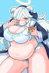 1girl artist_request belly big_belly blue_background blue_hair blue_shorts blush breasts cleavage coif crop_top doubliel eating fake_halo fat fat_woman food gamichan habit hair_over_one_eye halo heart heart-shaped_pupils holding holding_food horns large_breasts licking_lips long_hair mahjong_fight_girl messy_hair mole mole_on_thigh navel nun one_eye_covered open_clothes open_robe pink_eyes plump robe shirt short_shorts shorts smile solo symbol-shaped_pupils thick_thighs thighs tongue tongue_out white_shirt